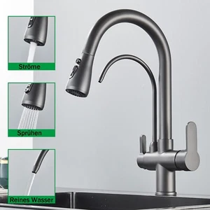 Rubinetto acqua potabile 3 vie rubinetto cucina 360° filtro acqua osmosi miscelatore grigio - Foto 1 di 14