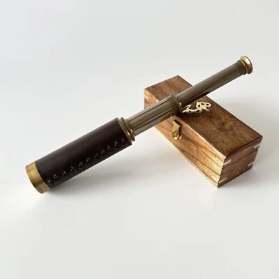 Handcrafted Brass Spyglass Telescope 18x with Leather Wrap & Wooden Storage Box - Image 1 of 4