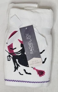 Rachel Zoe Halloween Black Witch Pink Sparkle Set of 2 Kitchen Bath Hand Towels - Picture 1 of 3