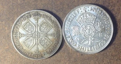 2 Old World .500 Silver Coin Lot Great Britain 1928 & 1944 Florin 2 Shillings - Image 1 of 2