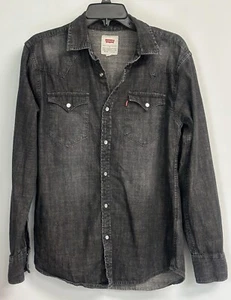 Levis Mens Denim Long Sleeve Pearl Snap Button Up Shirt Size Small Dark Gray - Picture 1 of 5