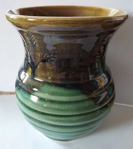 Cottage Pottery Vase Green and Brown with Leaf Design Signed by Artist 2009 - Picture 1 of 3