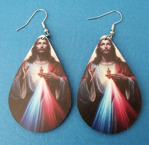 New Sacred Heart of Jesus Wood Dangle Earrings Double Sided 2.25 inch #B - Picture 1 of 3