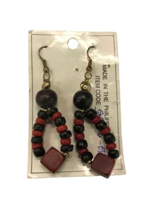 OHRHÄNGER PERLEN HOLZ ETHNO SCHMUCK VINTAGE 70-90ER JAHRE 6,5 CM - Bild 1 von 1