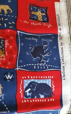 Vntg Sewing Fabric Child's Print Zoo Animals Chelsea Col Rose & Hubble Red Blue - Image 1 of 2