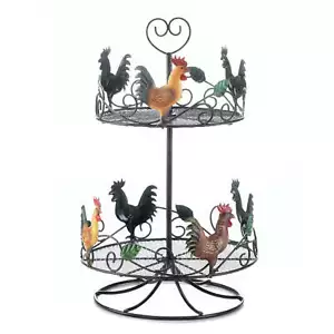 Farmhouse 17" ROOSTERS 2 TIER IRON Fruit RACK SHELF Rustic Farmcore Decor NEW - Imagen 1 de 2