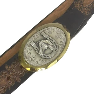 Vintage USA 511 HAND FINISHED Leather Belt Size 44 Brown Tooled w Horse Buckle - Picture 1 of 12