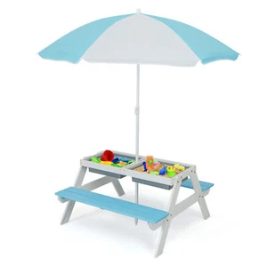 Kids Picnic Table 3 In 1 Toddler Backyard Table and Bench Set with Umbrella - Picture 1 of 11