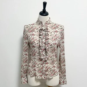 Top Emanuel Ungaro Beige Rosa Verde Floral Mezcla Seda Transparente Cuello Alto Abotonado - Imagen 1 de 10
