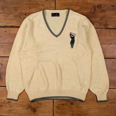 Suéter Jersey Isla De Algodón De Colección M Años 80 Hecho en EE. UU. Golf Cuello en V Crema Foto 1 de 4