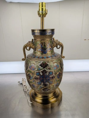 Lámpara de mesa jarrón Cloisonne Champleve de bronce esmaltado porcelana china vintage Foto 1 de 4