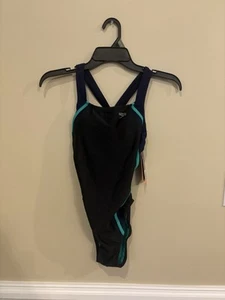SPEEDO PowerFLEX Eco Hydro Bra Racerback One Piece Swimsuit BLACK NAVY GREEN 6 - Picture 1 of 5