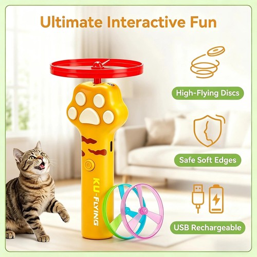 10 Flying+Cat Toy Disc Launcher, Rechargeable Interactive Cat Fetch Toy ...