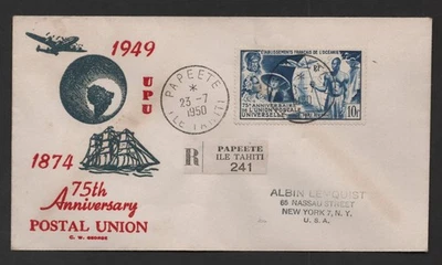 FRANCE ÉTABLISSEMENT DE L’OCEANIE 1949 UPU 75TH ANNIV. 10FRS. TIED PEPEETE TO NY - Image 1 of 2