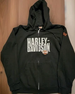 Harley Davidson Full Zip Hoodie Size L Black Pockets Mens Fleece - Picture 1 of 8