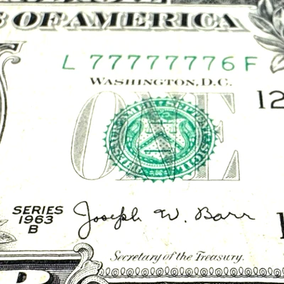 FANCY 7 of a Kind NEAR-SOLID # 77777776 ( SEVEN SEVEN'S ) BARR note $1 1963B - Image 1 of 3