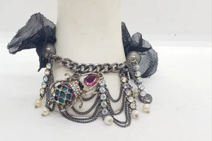 Betsey Johnson Spider Charm Bracelet Bow Rhinestone Faux Pearl Chain Web Goth - Picture 1 of 8