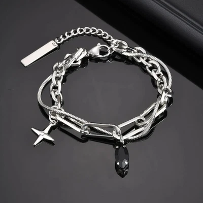 ✨ Unisex Armband Edelstahl Silber Schwarz Kreuz Anhänger Zirkonia Modern Schmuck - Bild 1 von 4
