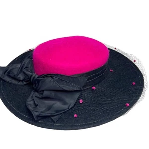 Vintage 80s Whittall & Javits Wool Hat Barbie Derby Princess Diana Tulle Bow  - Picture 1 of 10