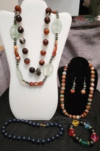 Sterling Silver 4pc Earthtone stone, Bead & wood jewelry Beautiful Natural Wear - Picture 1 of 18
