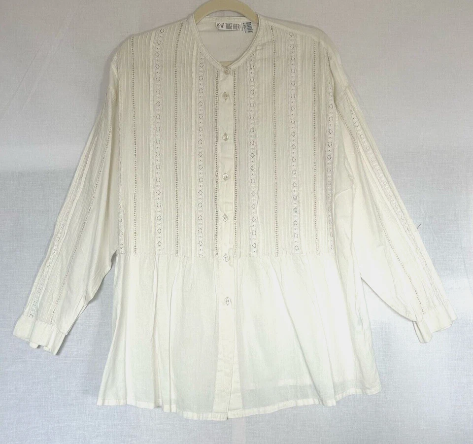 Hermosa Blusa Camisa *JUNTOS* Marfil Algodón Manga Larga Crochet 10/12 Foto 1 de 4