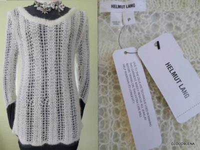 HELMUT LANG Lace sheer knit PLUSH WOOL Sweater in Winter White $275 Size P - Image 1 of 4