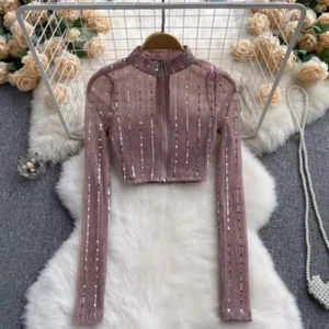 Women Sexy Sheer Sequin Long Sleeve Crop Top Slim Thin Shirt Night Club Blouse - Picture 1 of 25