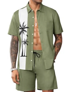 Hawaiian Shirts and Shorts Sets for Men Regular Fit Hawaiian Coconut Palm Pri... - Picture 1 of 6