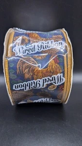 LION Roster Wired Ribbon 10 Yards Sunflowers Navy And Gold MW Henny - Picture 1 of 3