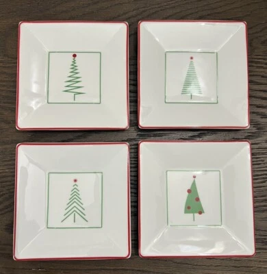 Set of 4 CRATE & BARREL red green holiday Christmas tree appetizer plates - Image 1 of 2