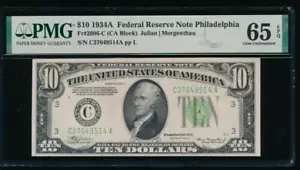 AC 1934A $10 Philadelphia FRN PMG 65 EPQ Fr 2006-C - Picture 1 of 2
