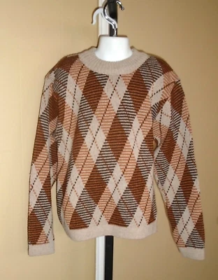 Suéter de Colección Años 70 Beige y Marrón Estampado Diamante Cuello Redondo Talla L (10-12) Nuevo de Lote Antiguo Foto 1 de 4