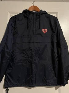 OBEY WORLDWIDE WOMENS NAVY BLUE HALF ZIP HOODED JACKET LONELY HEARTS RED MEDIUM - Picture 1 of 6