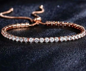 18K Rose Gold Plated Bolo Tennis Bracelet made w Swarovski Crystal Round Prong - Picture 1 of 12