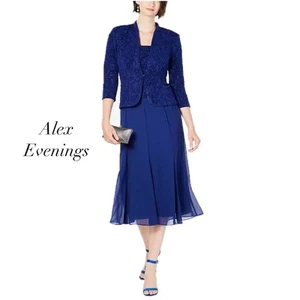 Alex Evenings Blue Glitter Jacquard Jacket Tea Length Mesh Dress NWT Size 14P - Picture 1 of 13