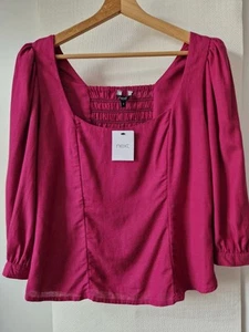 NEXT Cerise Hot Pink Linen Cotton Blend Puff Sleeve Top Size UK 12 Women's - Picture 1 of 12