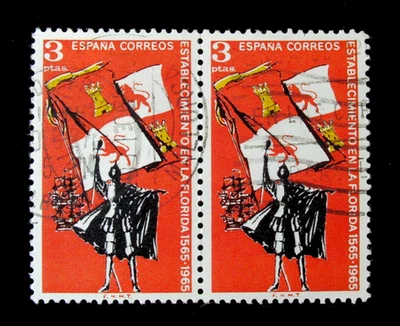 Spain Stamps Explorer Royal Flag Ships Florida  3 Pts 1965 Pair Used NG - Image 1 of 2