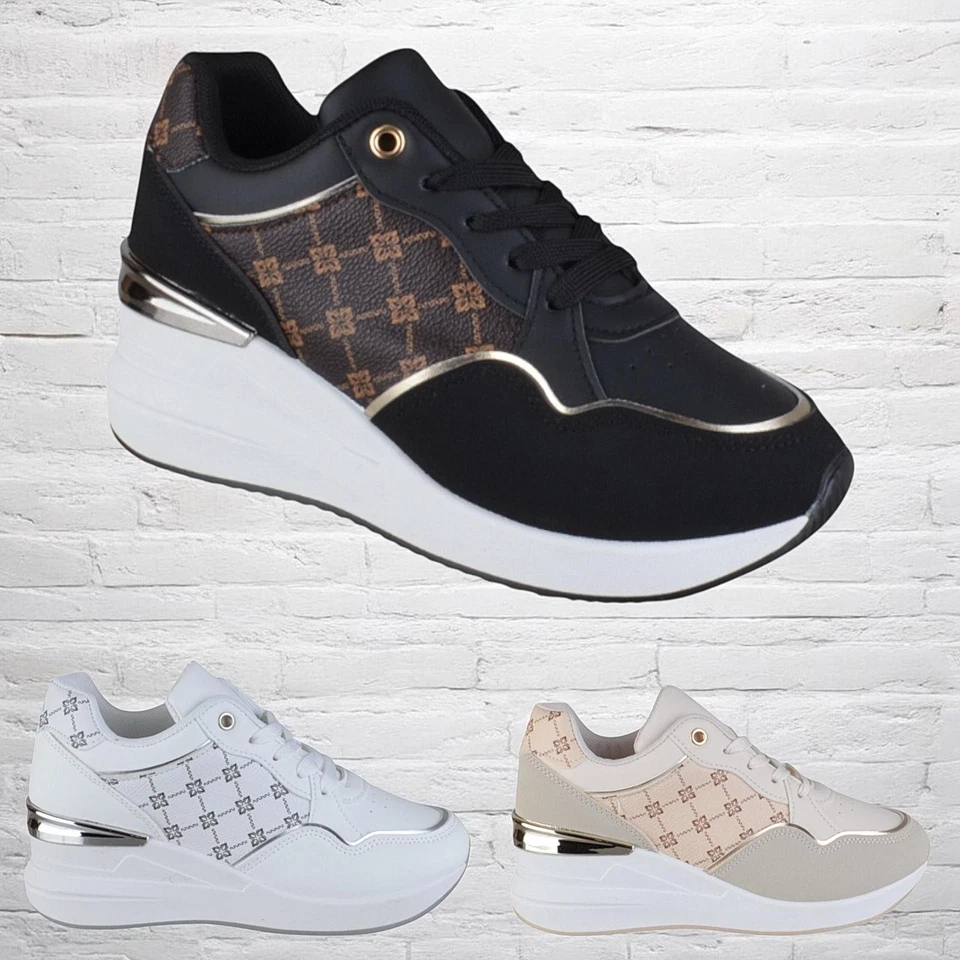 WOMENS LADIES CHIC WEDGE HEEL PLATFORM LACE UP CHUNKY TRAINERS PUMPS SHOES SIZE - Image 1 of 1