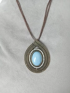 Necklace, Leather Double Strand With Large Turquoise Teardrop Pendant. - Picture 1 of 9