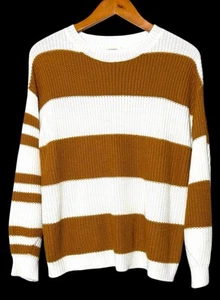 ANDTHEWHY Anthropologie Maglione Marrone Bianco Righe Maglia Manica Lunga Taglia S/M - Foto 1 di 10