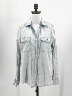 Free People Light Blue Denim Collared Paisley Back Button Top Sz S - Image 1 of 4