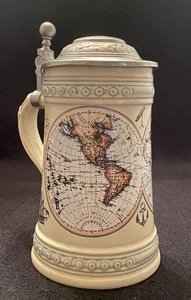 Vintage ALWE GERMAN BEER STEIN w/PEWTER LID-ANTIQUE WORLD MAP DESIGN-7.5" - Picture 1 of 13