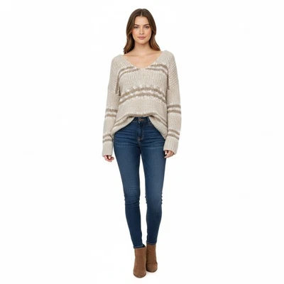 Top Free People Mujer Grande Beige Blanco Marrón Rayas Grueso Tejido Cuello en V Boho Foto 1 de 4