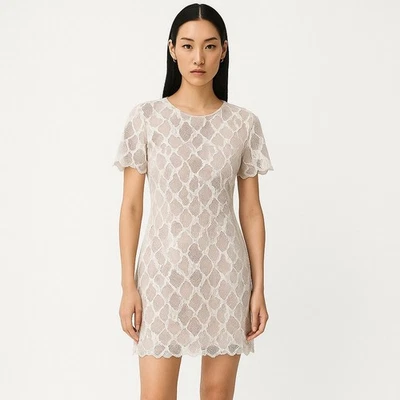 Reiss Anise Pink White Lace Short Sleeve Scalloped Mini Sheath Dress Size 8 - Image 1 of 4