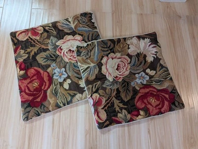 2 Vtg Needlepoint Tapestry Throw Pillows Rose  Floral Velvet COVERS 17" - Image 1 of 4