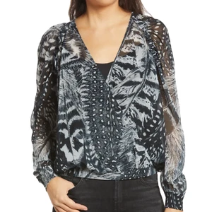 Nueva blusa envolvente All Saints para mujer 2 top pluma azul Fara Stretto sobrepelliz transparente - Imagen 1 de 7