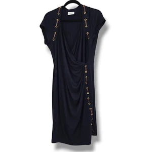 Carmen Marc Valvo Dress Sheath Faux Leather Detail Ruched Bodycon XL - Picture 1 of 10