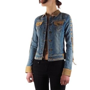 Vintage Dolce&Gabbana Women Blue Lace Up Leather Trims Denim Jean Jacket size XS - Picture 1 of 12