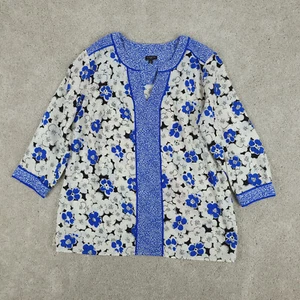 Talbots Womens Tunic Top Blue 0X Chiffon Popover Floral V-Neck 3/4 Sleeve - Picture 1 of 12