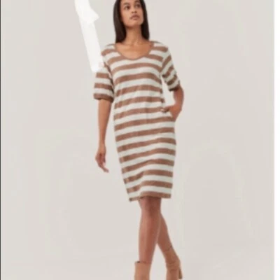 Pact organic cotton dress Twist back Brown white 3/4 sleeves knee length M - Image 1 of 4